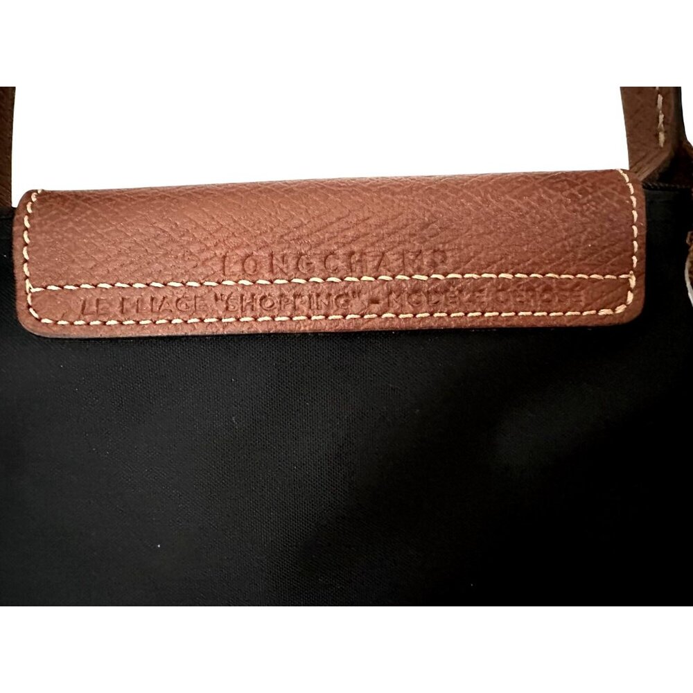 Longchamp Le Pliage Shopping MODÈLE DÉPOSÉ Black w/ Brown Leather Trim Tote Bag - Picture 4 of 11